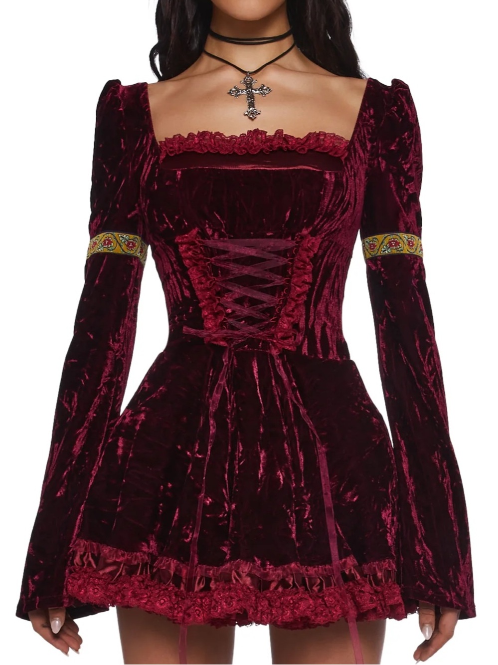 Velvet Lace-Up Mini Dress in Burgundy